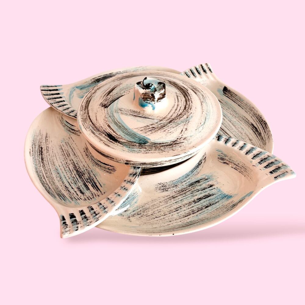 Mid Century Chip and Dip Server Atomic Ceramic Retro Pottery Vintage Serving Set